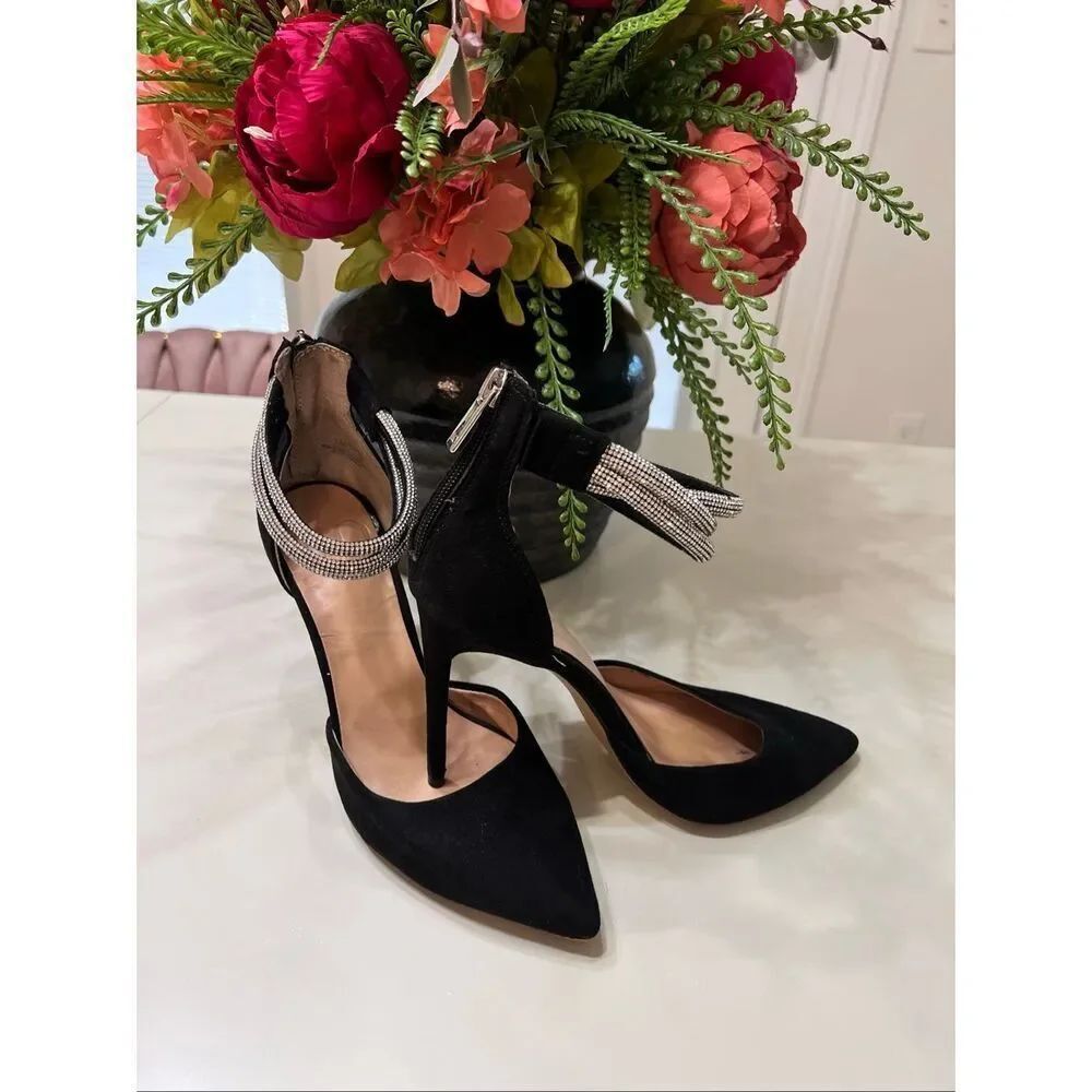 JLO Jennifer Lopez Women's Franie Rhinestone Ankle Strap Heels Pump Black Sz 7M